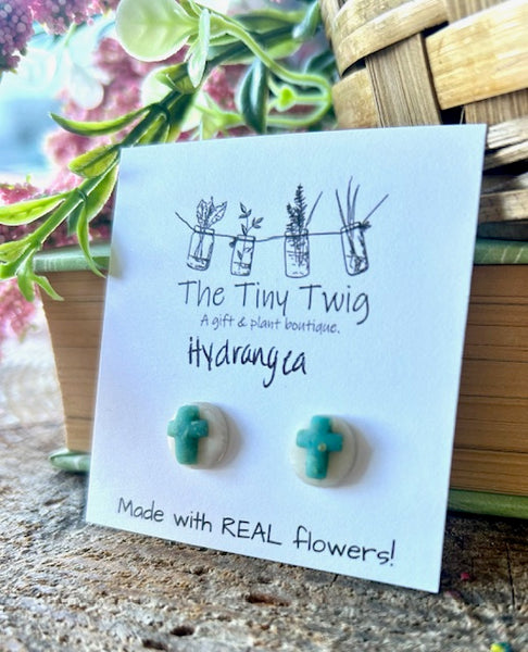 Blue Hydrangea Cross Post Earrings